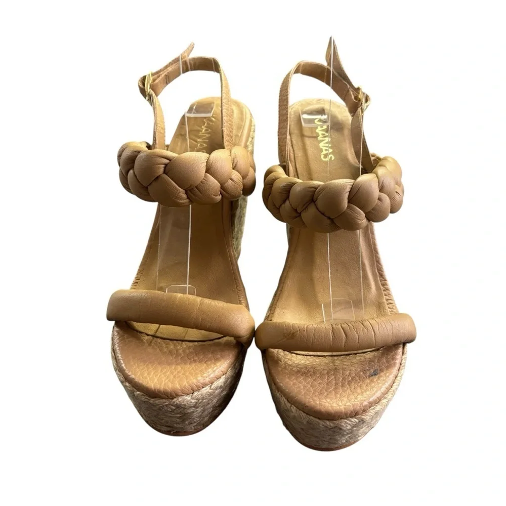 Kaanas Tan Braided Leather Espadrille Wedge Sandals Women’s Size 8